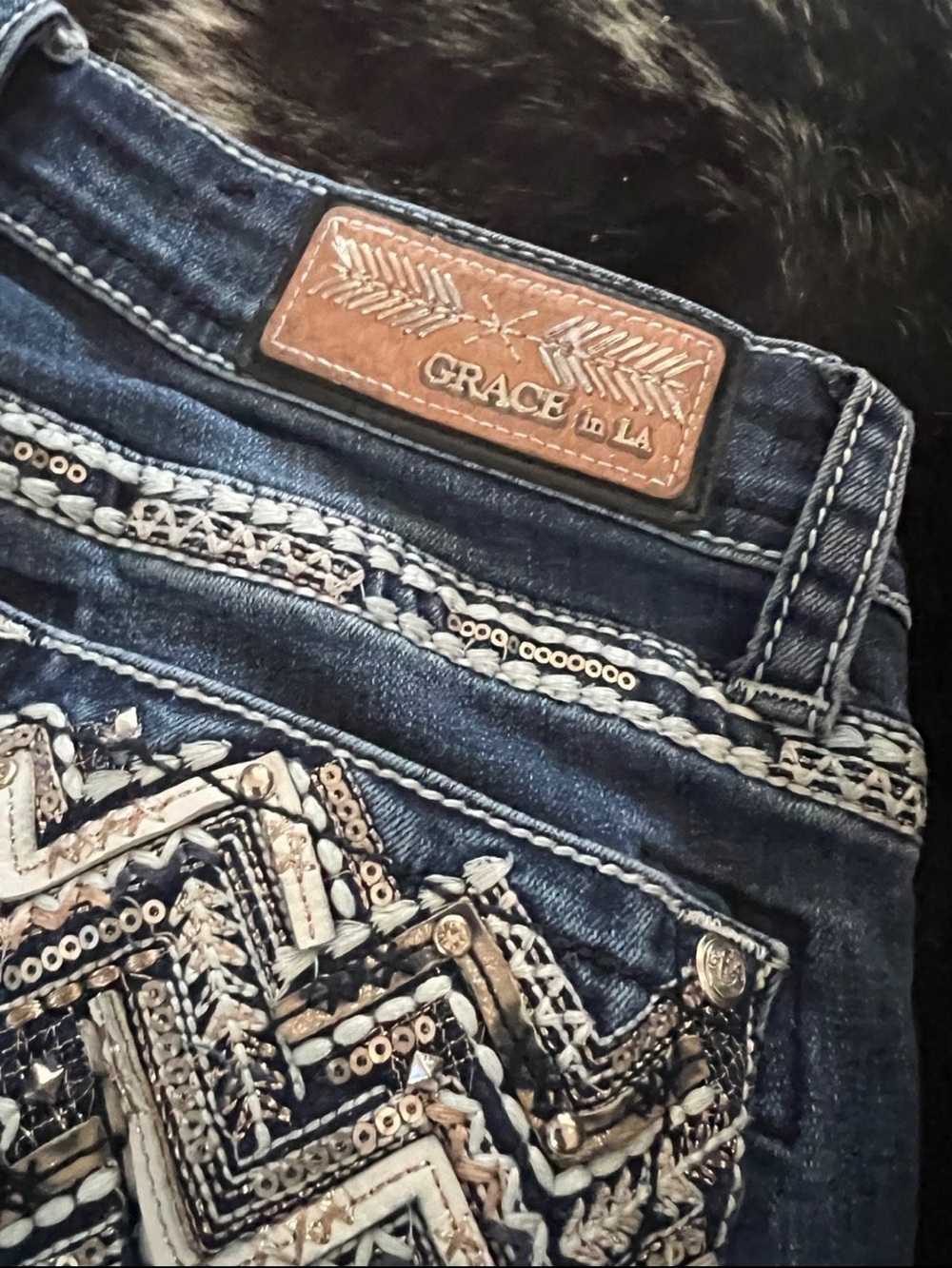 Grace in LA Womens Dark Blue Boot Cut Jeans with Embellished Pockets